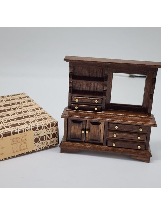 VTG Concord Miniatures Dollhouse Wooden China Cabinet Drawers & Mirror 1:1 Scale - Picture 2 of 10